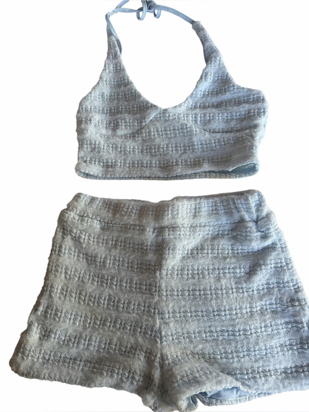 SHEIN Light Blue Textured Halter Bralette & Shorts Set